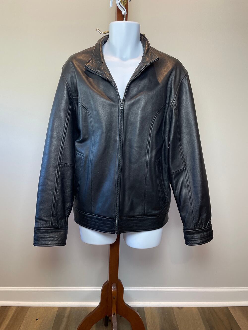 Alfani Leather Full Zip Jacket Size L Black Genuine Leather Biker Minimalist